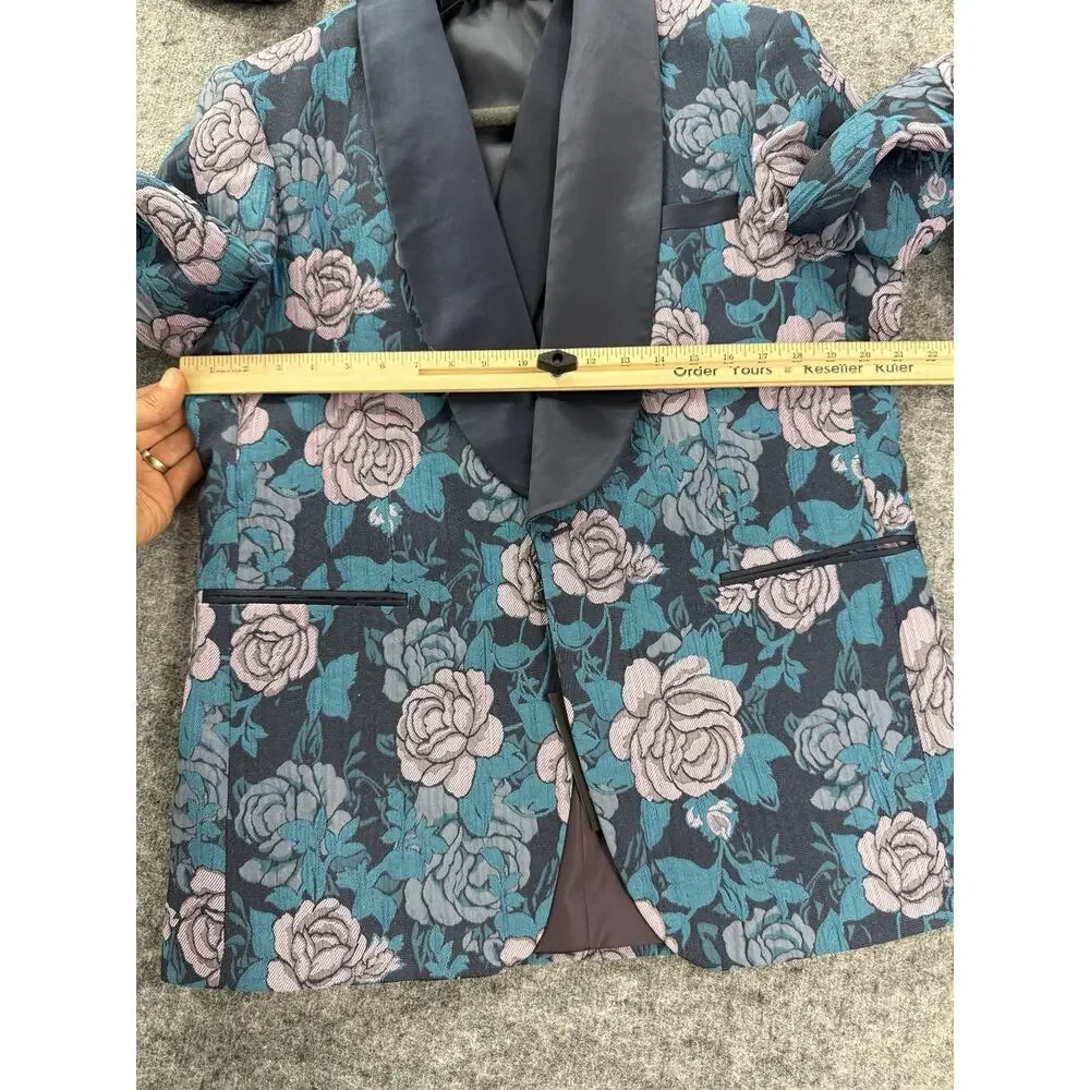 Pietro Scarlatti Mens Suit 3pc US 44 EU 54 Floral Blazer Vest Pants Blue T2